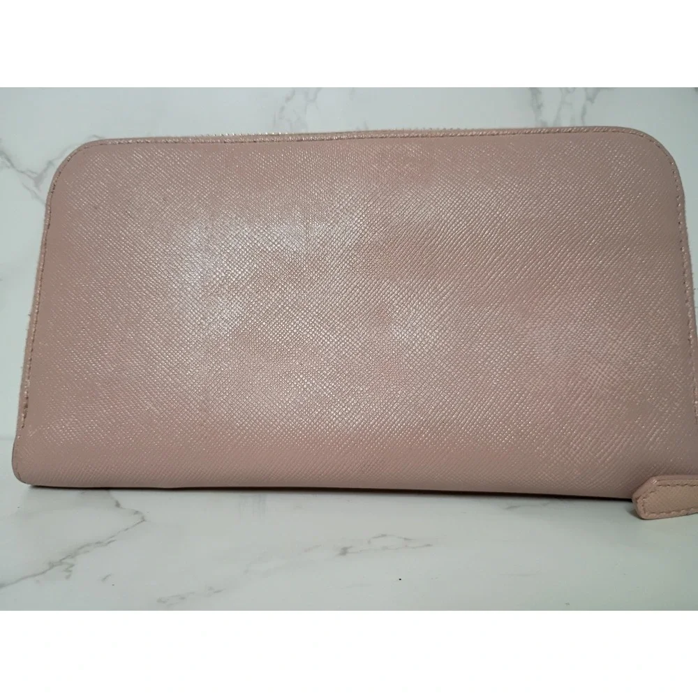 PRADA Light Pink Saffiano Leather Bow Zip-Around Wallet